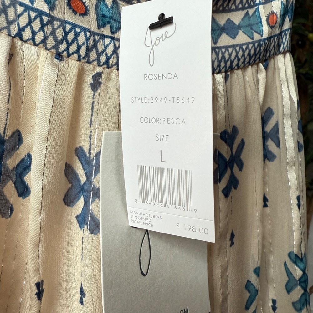 NWT JOIE Rosenda Silk Tank Blouse Aztec‎ Print Cream Blue Metallic Threads L NWT - Picture 6 of 17